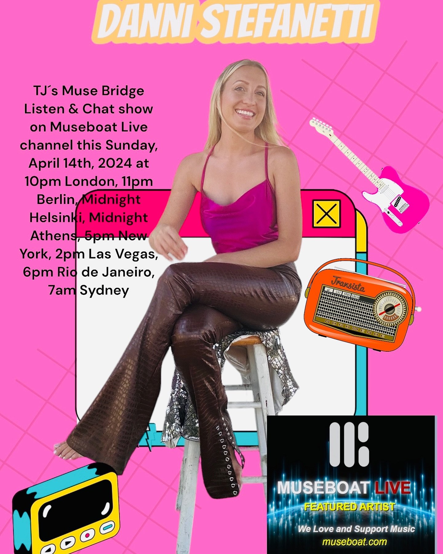 💕💕🐨DANNI STEFANETTI -The timing was on at http://museboat.com in TJ&acute;s Muse Bridge Listen &amp; Chat show on Museboat Live channel this Sunday, April 14th, 2024 at 10pm London, 11pm Berlin, Midnight Helsinki, Midnight Athens, 5pm New York, 2p