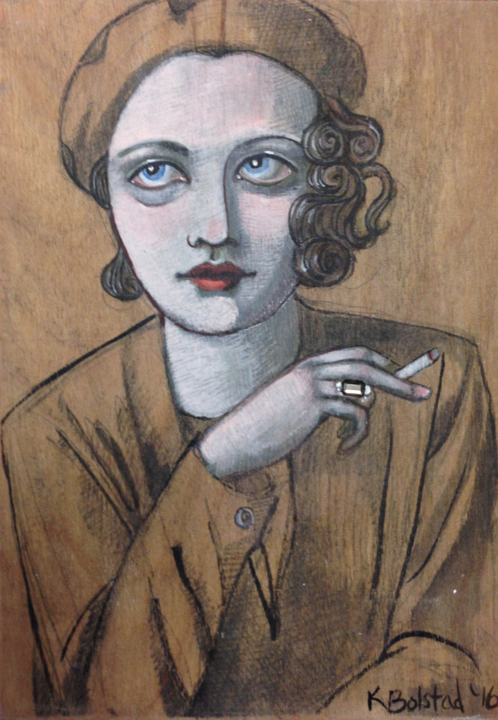 5" X 7" mixed media portrait. Acrylic, pencil, collage