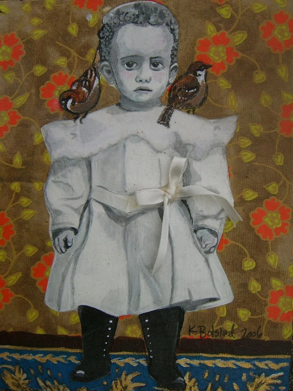 5" X 7" mixed media portrait. Acrylic, pencil, collage