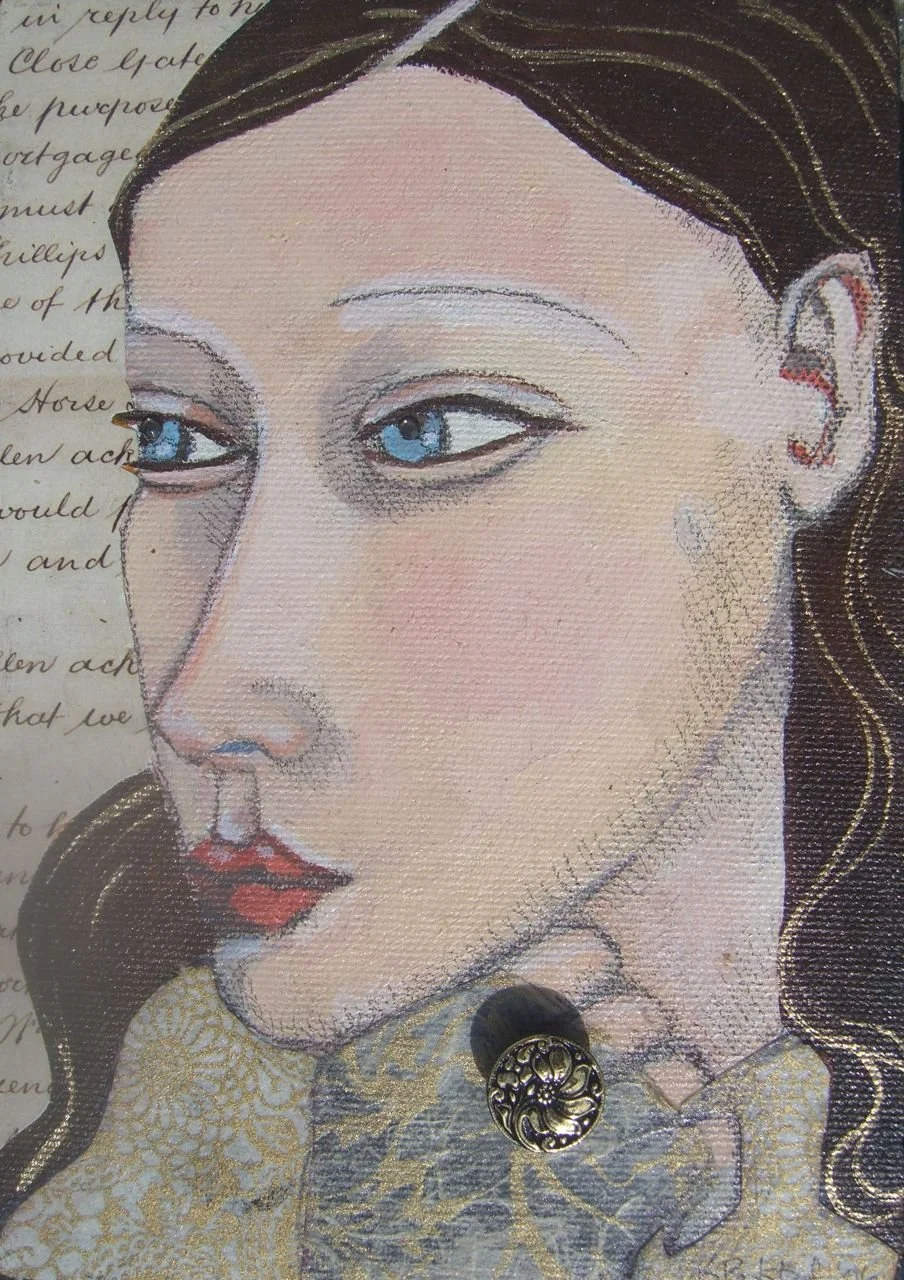 5" X 7" mixed media portrait. Acrylic, pencil, collage