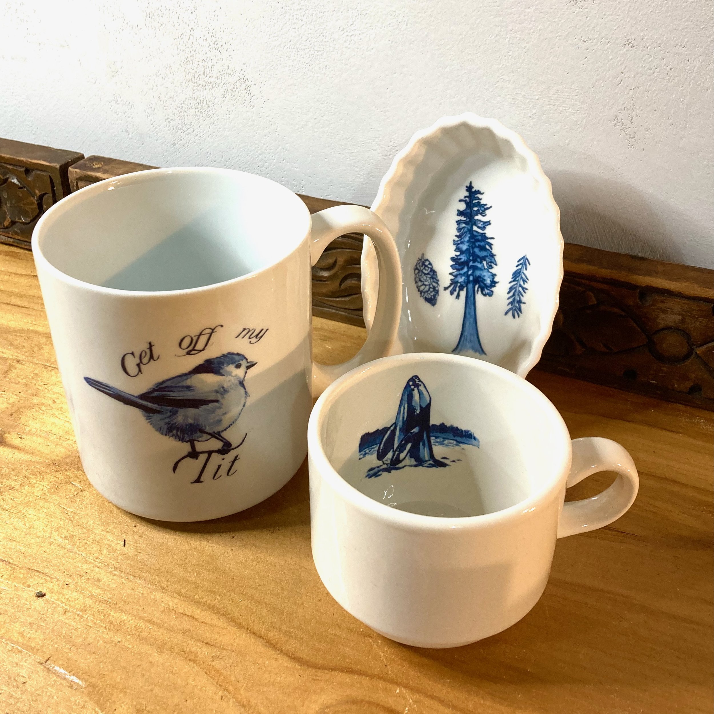 American Bush tit mug, Grey Whale stackable mug, Douglas Fir oval dish