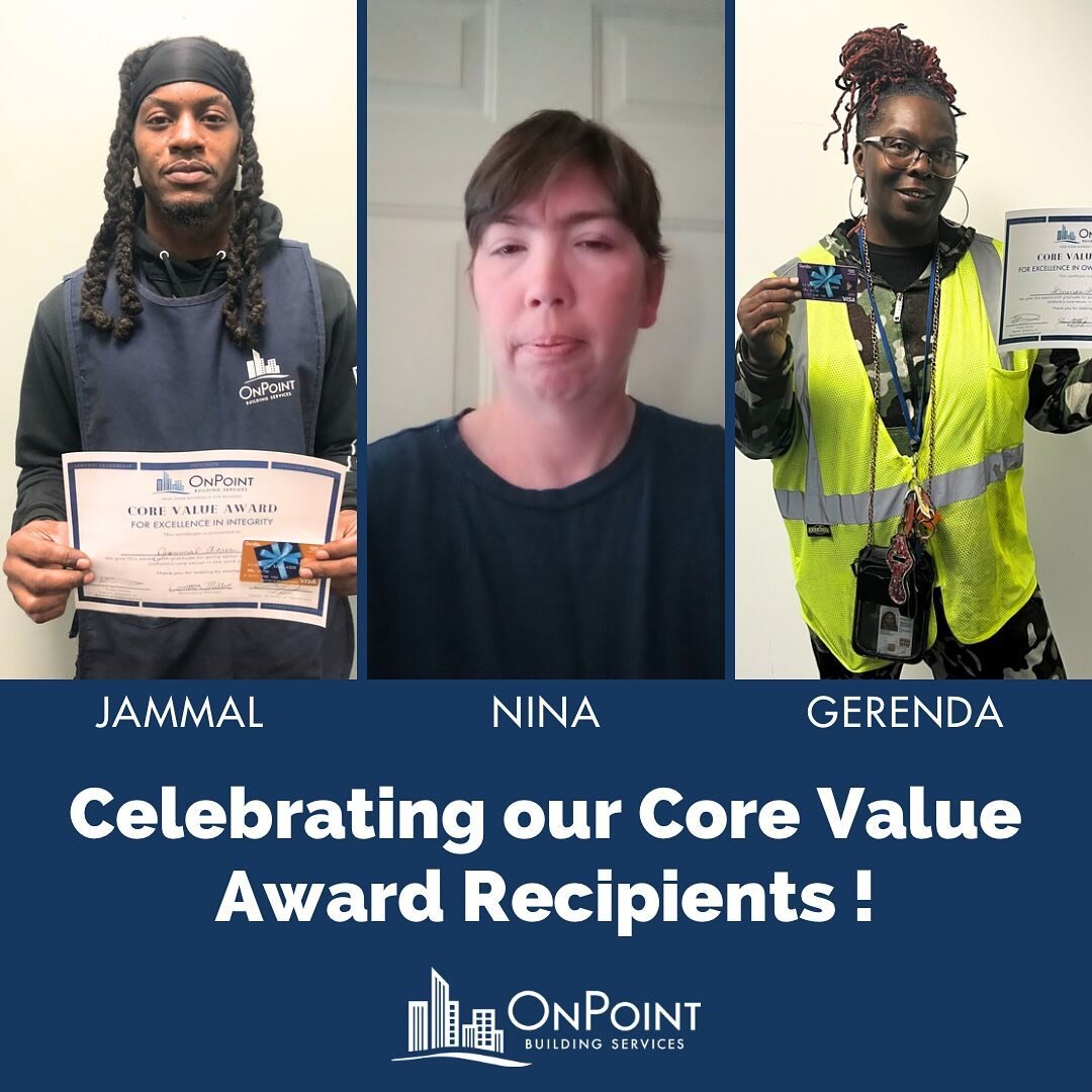 Congratulations to our most recent Core Value Award winners!! Each month our incredible team of managers nominate and vote on members of our field team who display OnPoints core values - integrity, servant leadership and ownership mentality. This mon
