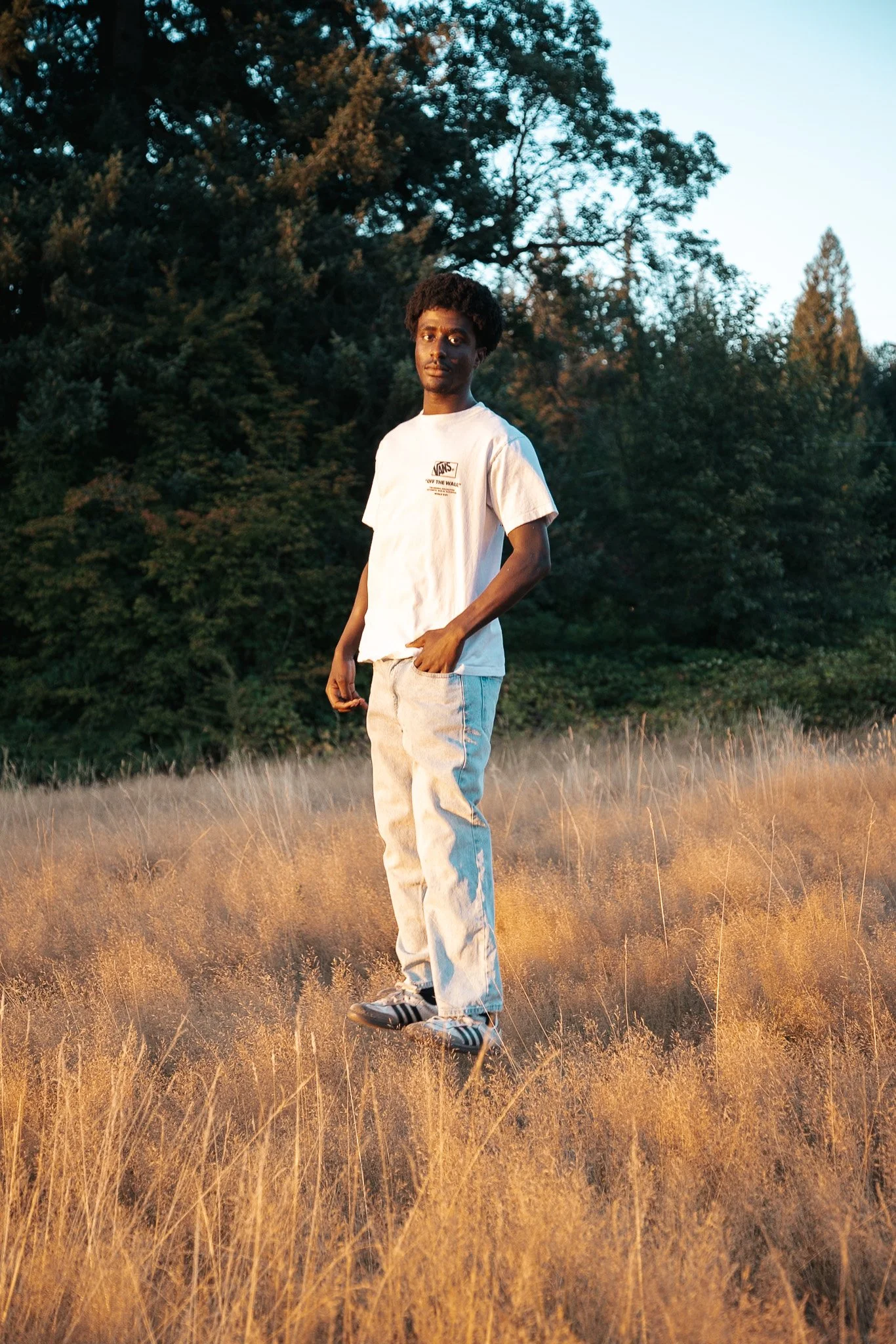 A young man standing in a field of tall grass during sunset, wearing a white t-shirt, light-colored pants, and Adidas sneakers, with trees in the background.