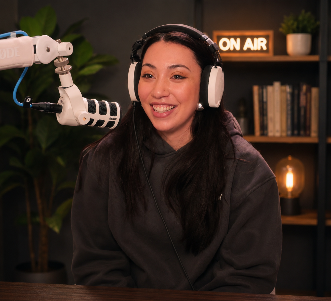 A woman with long dark hair wearing headphones speaking into a microphone in a recording studio with an 'On Air' sign in the background.