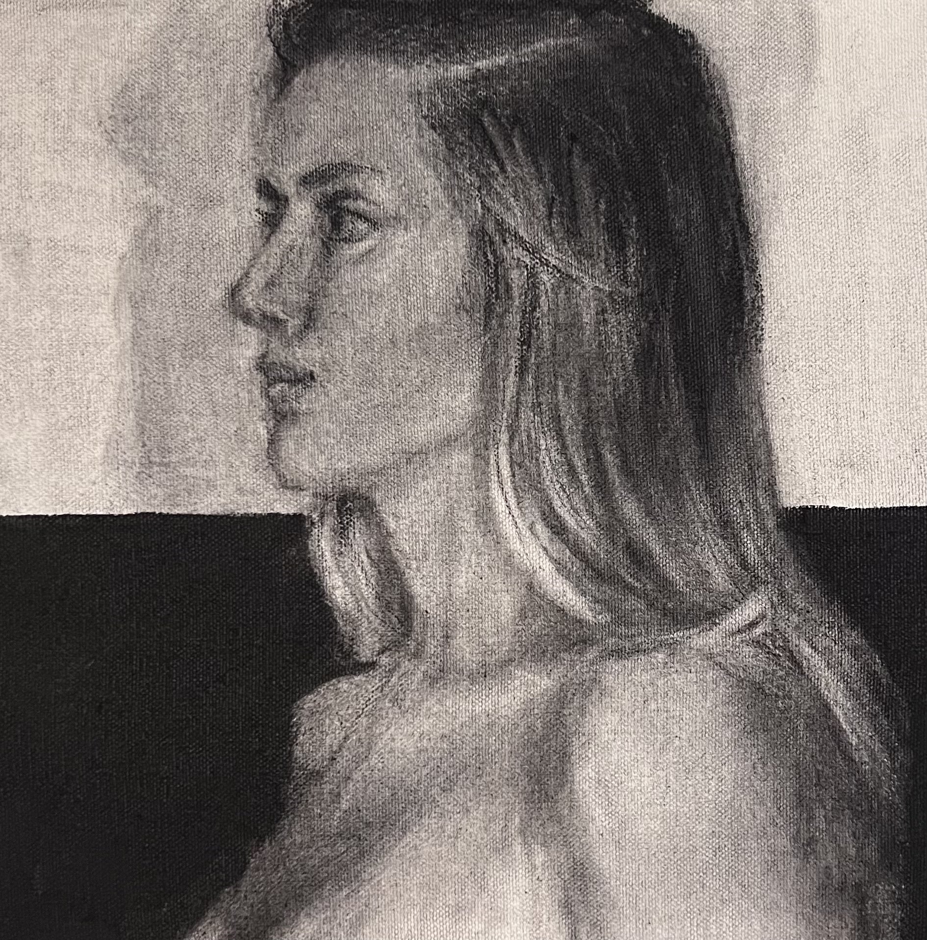 "split", 2022, charcoal on canvas, 10x10x1"