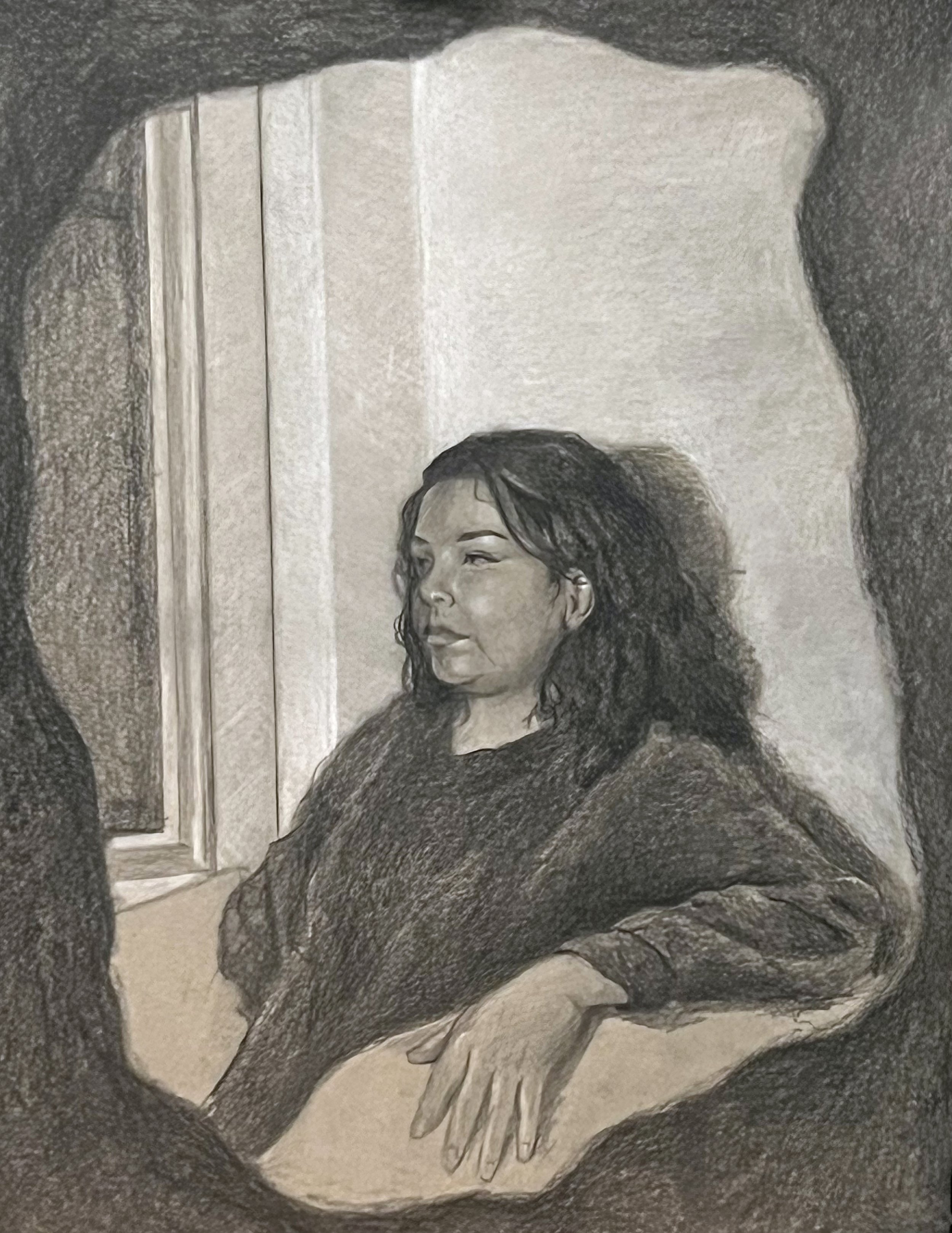 "Ashleigh Korinna", 2025, white pastel pencil and graphite on toned paper, 14x11"