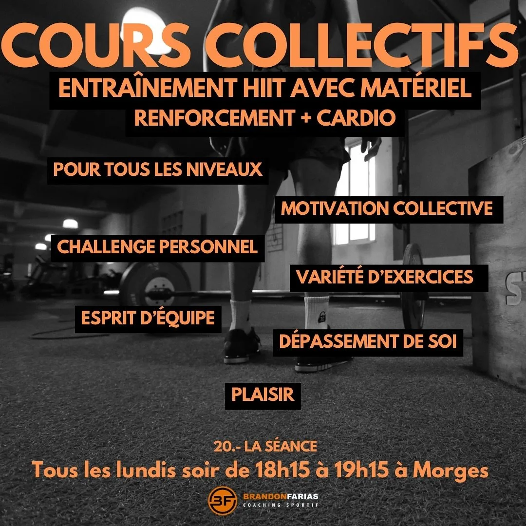 Nouveau cours collectif HIIT avec mat&eacute;riel:
Ce cours est bas&eacute; sur du renforcement musculaire ainsi que des exercices cardiovasculaires en salle, en format circuit training (full body):
L&rsquo;entra&icirc;nement inclus:
&bull; &Eacute;c