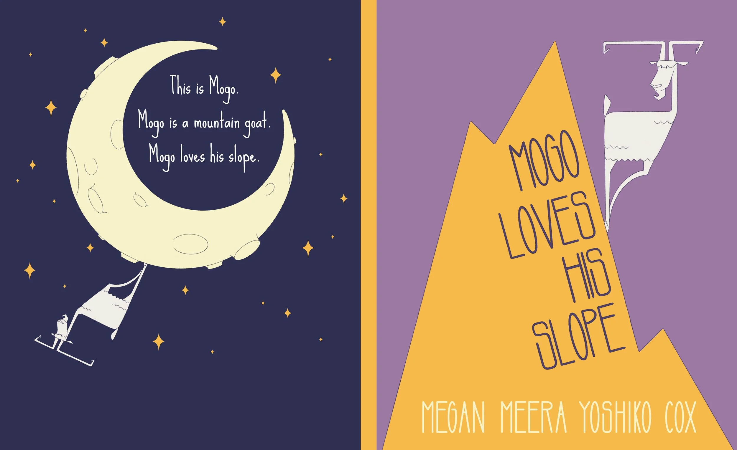 a children's book illustration of a mountain goat standing on a mountain on the right side, and a mountain goat standing on the moon on the left side