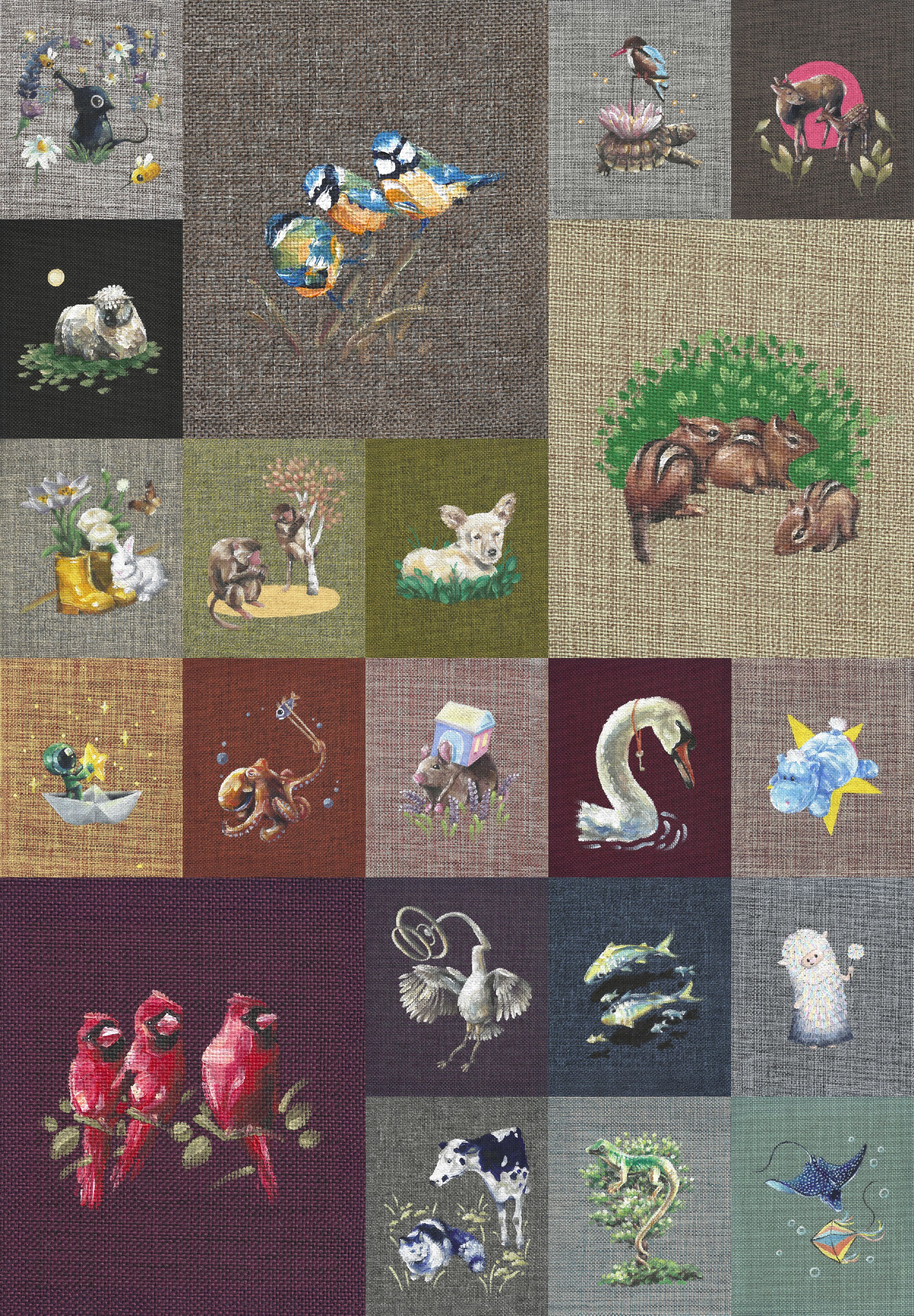 a variety of painted creatures on fabric canvas textures