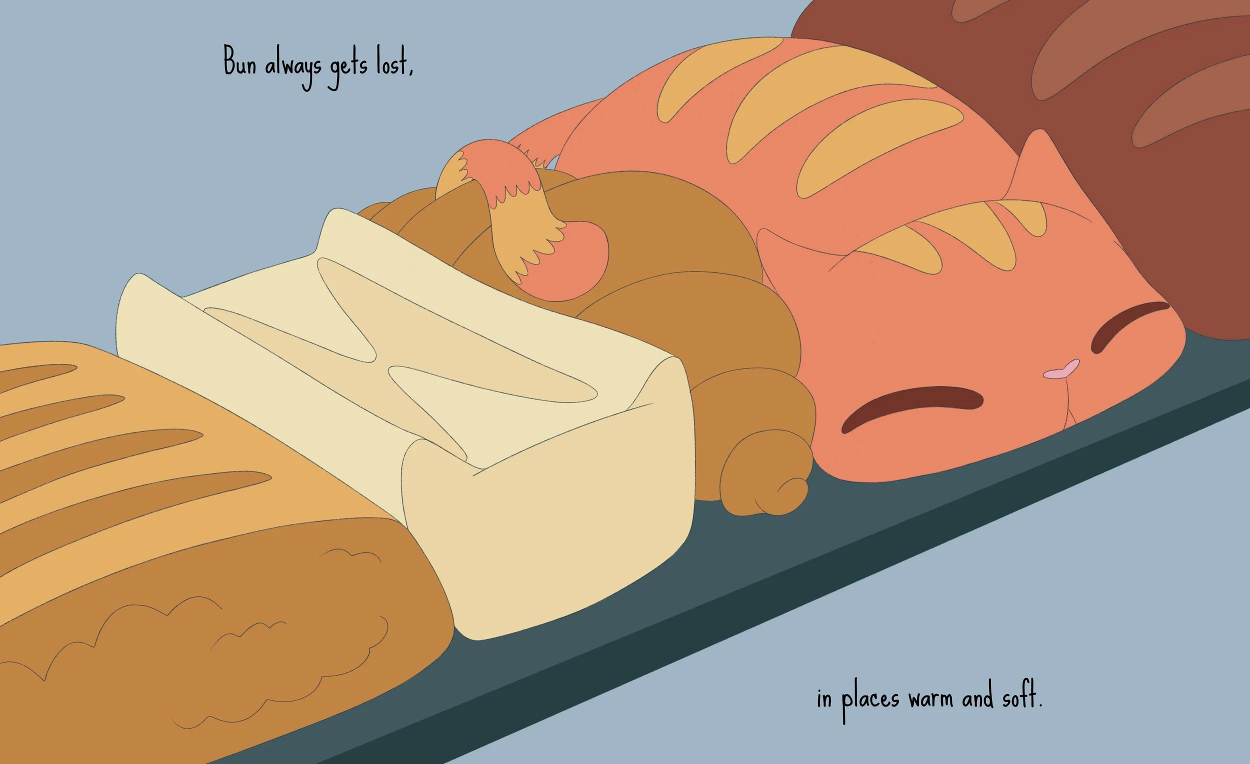 a children's book illustration of a cat camouflaged sleeping in between loaves of bread on a shelf