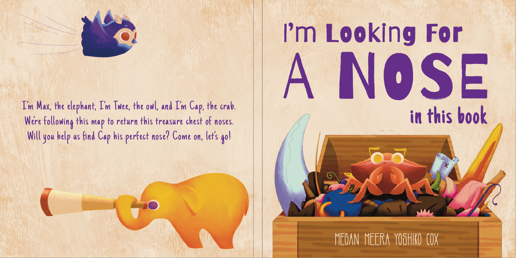 a children's book illustration of a crab standing on a treasure chest full of animal noses and an owl and elephant searching the distance