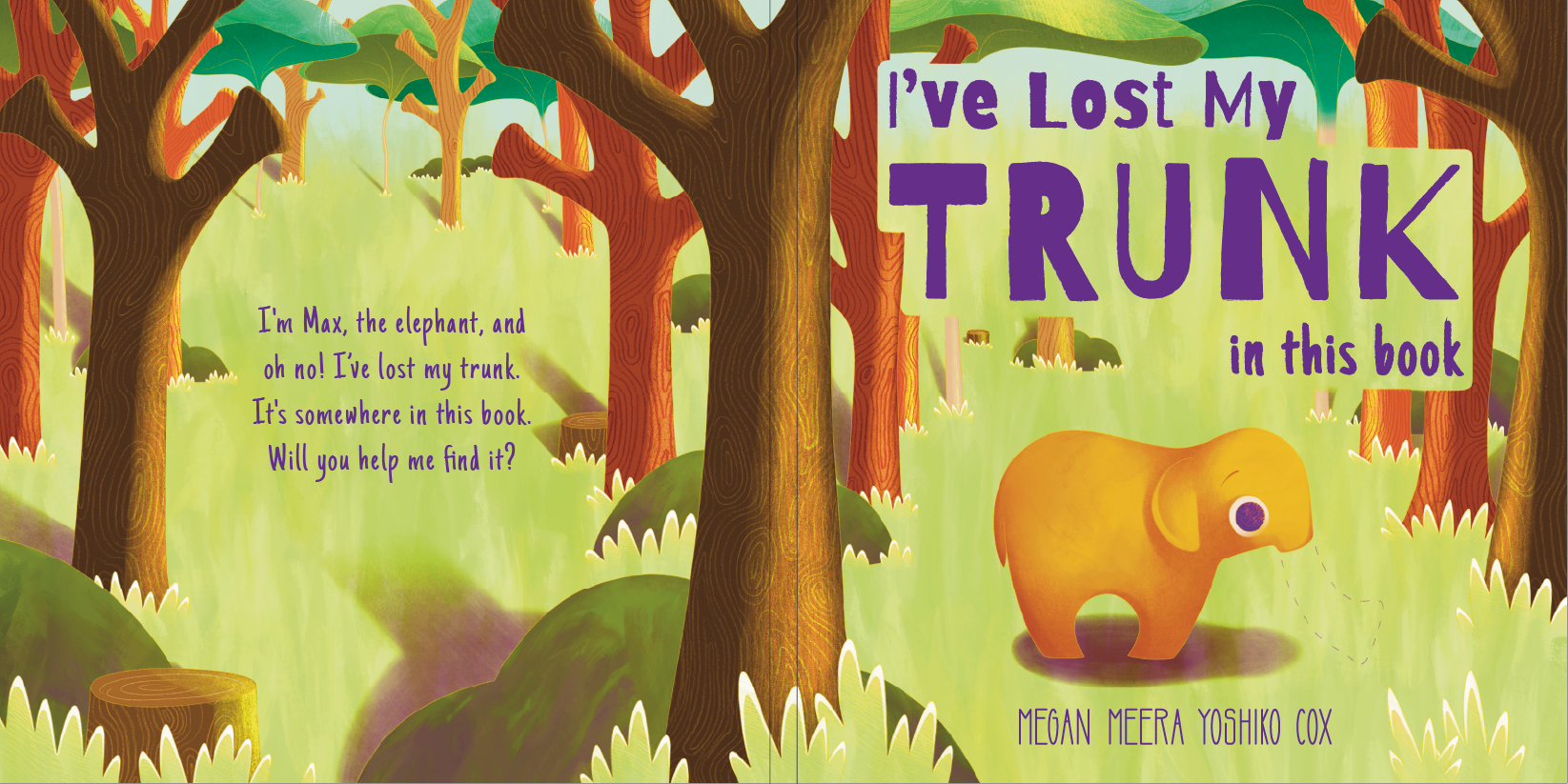 a children's book illustration of an elephant that has lost it's trunk, standing in a forest