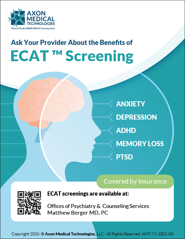 a blue and turquoise flyer encouraging medical screening with a flat digital illustration of a cross-section silhouette of a person and their brain