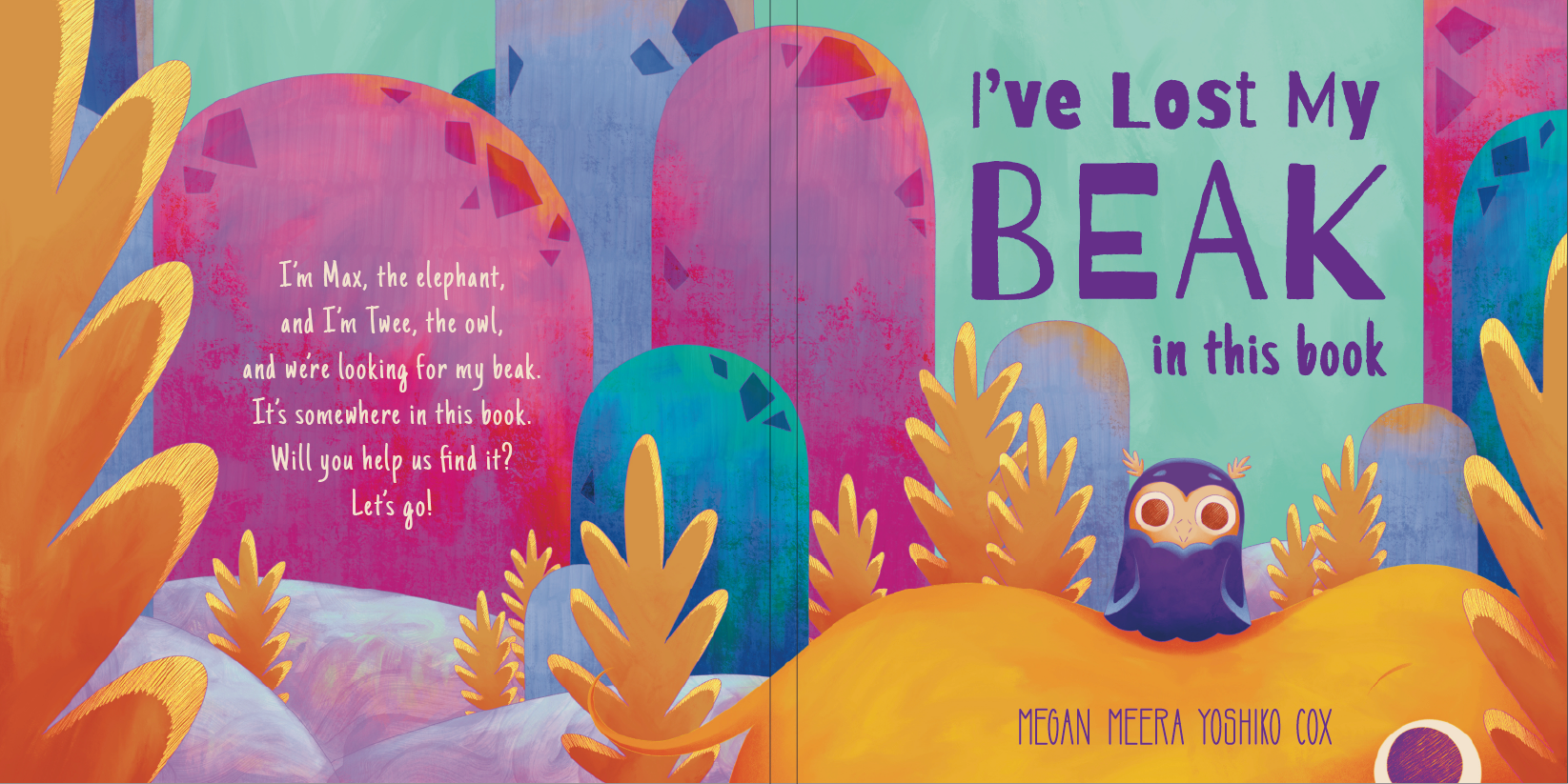 a children's book illustration of an owl that has lost it's beak sitting on the back of an elephant, surrounded by mountains