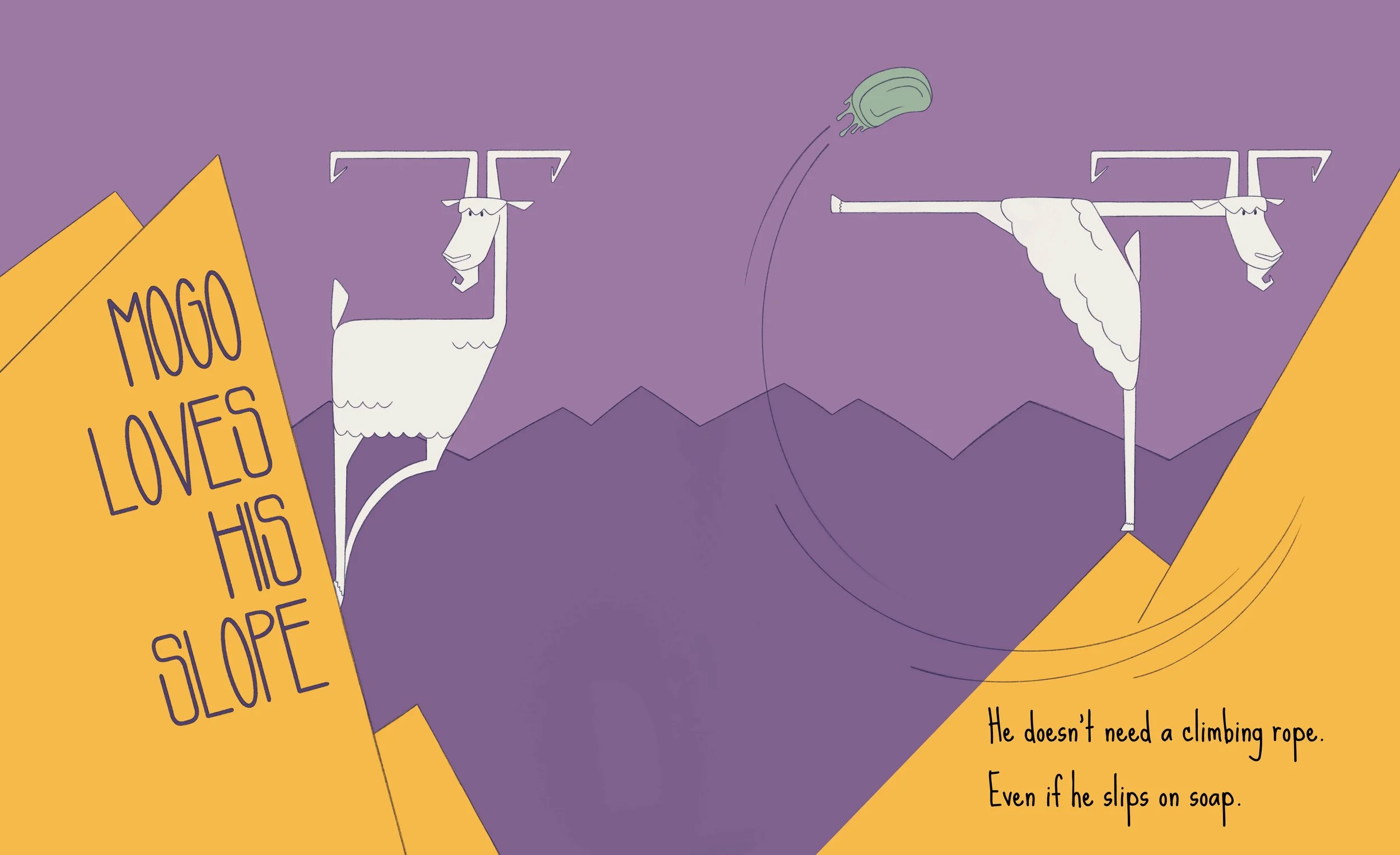 a children's book illustration of a mountain goat standing on mountains