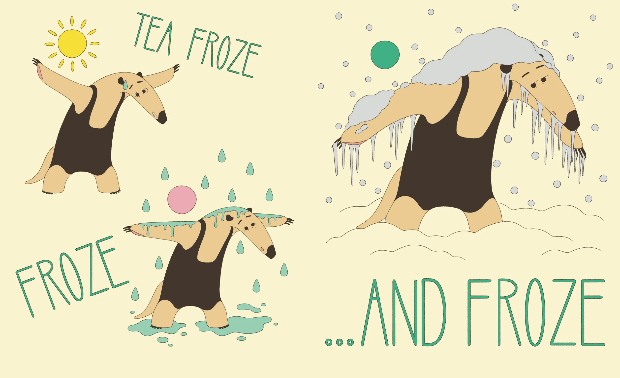 a children's book illustration of an anteater standing in the same pose through the sun, rain and snow