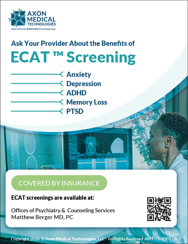 a blue and turquoise flyer encouraging medical screening with a photograph of a doctor checking brain scans on a computer