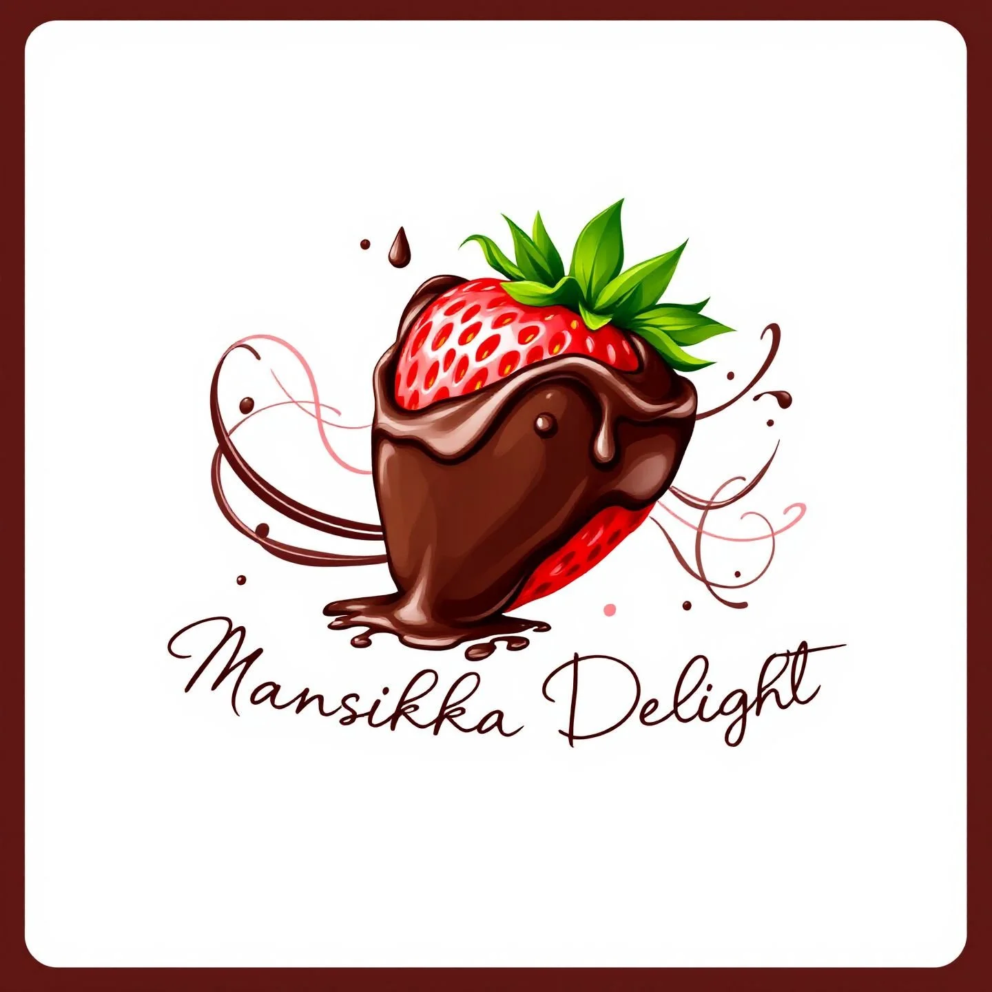Illustration of a strawberry dipped in chocolate with the text "Mansikka Delight" beneath it. Helsinki, Finland.