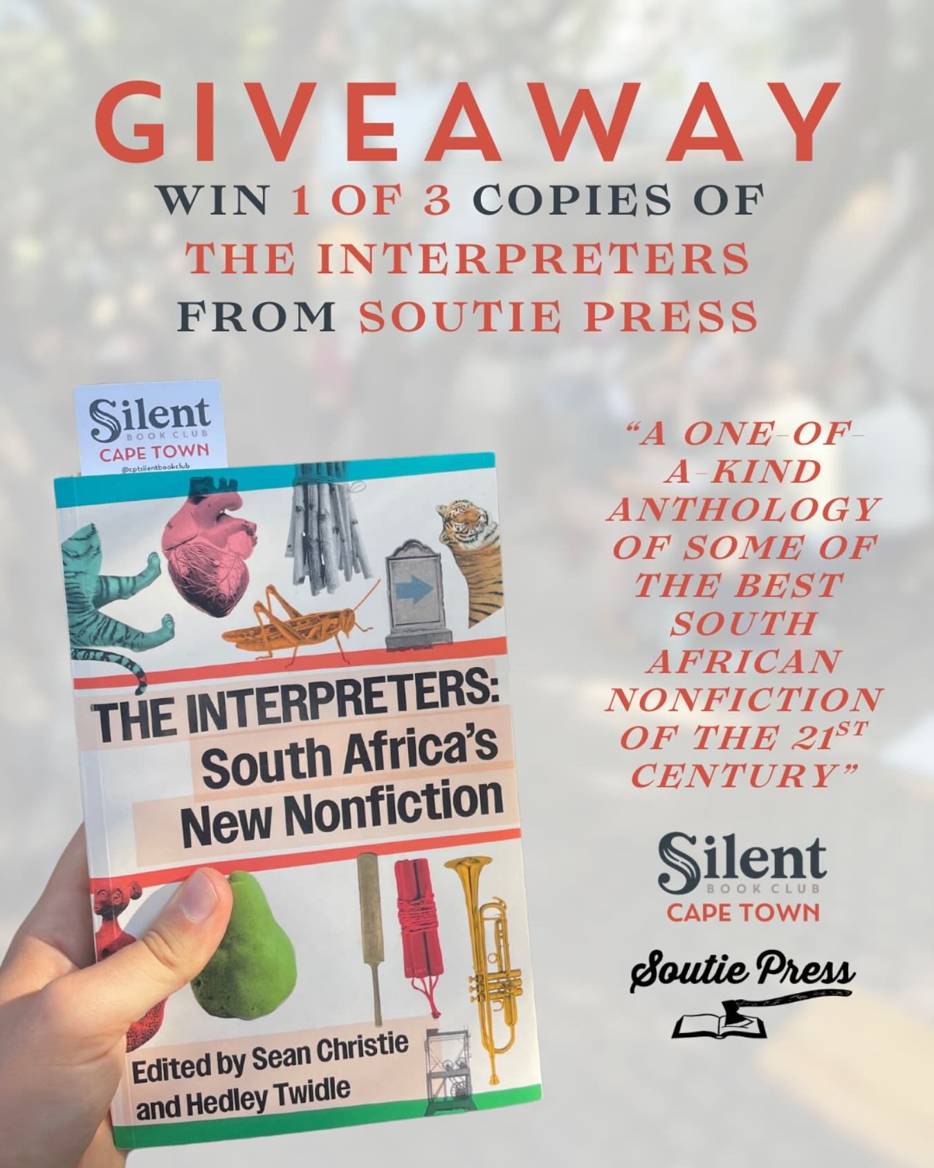 🚨 THE INTERPRETERS GIVEAWAY! 🚨

We&rsquo;ve partnered with @soutiepress to give 3 lucky readers a copy of The Interpreters: South Africa&rsquo;s New Nonfiction, edited by Sean Christie and Hedley Twidle! 📖✨

This book is a collection of South Afri