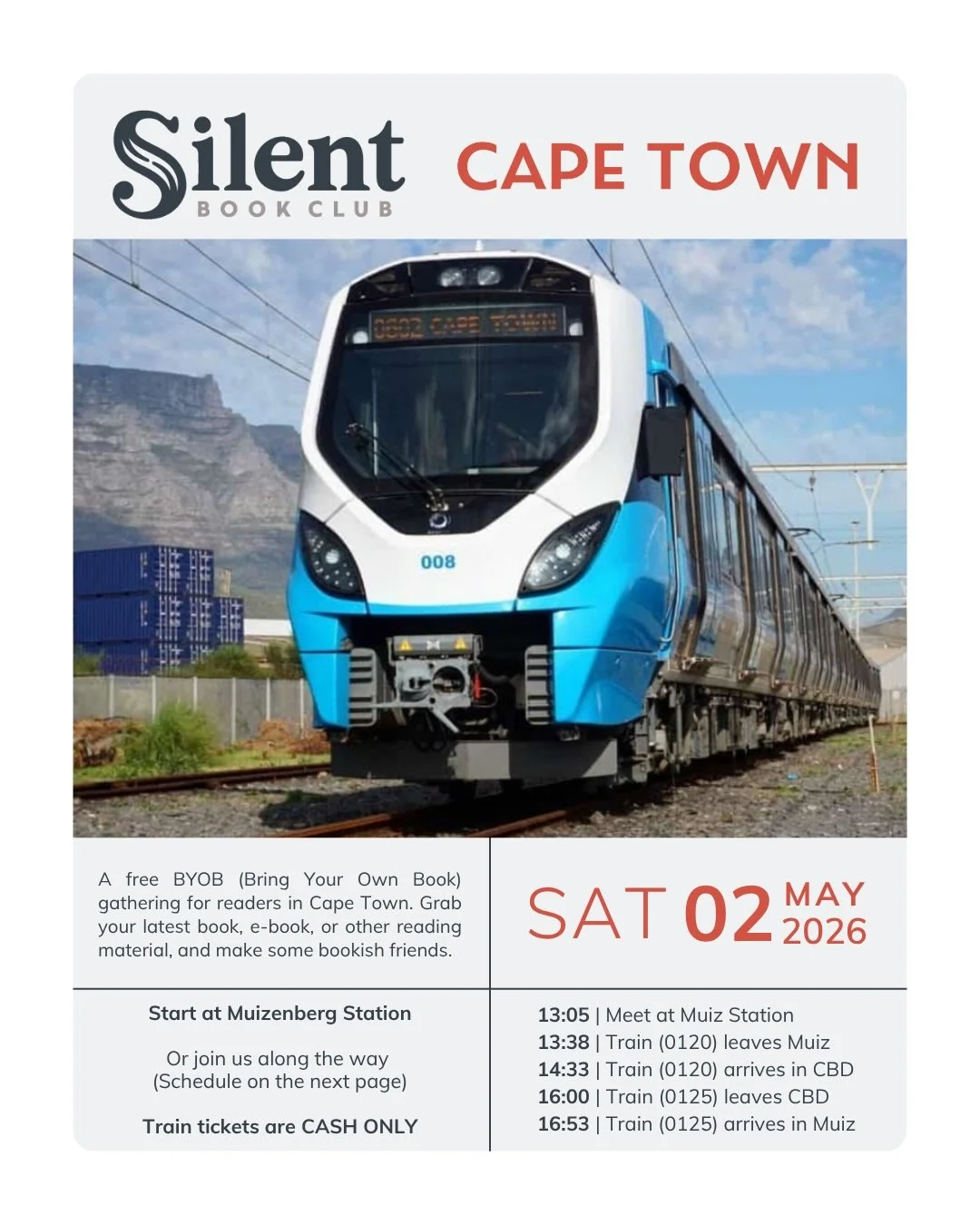 🚈 ALL ABOARD 🚈 The plane might have been a joke, but we&rsquo;re very serious about reading on the train! 😅

This time we&rsquo;re starting in Muizenberg and heading to the big city. We&rsquo;ll meet at Muizenberg Station to hop on the train to to