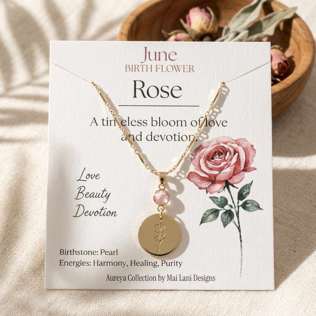 June Birth Flower Necklace | Rose & Pearl Birthstone Necklace | Gold Floral Charm Pendant