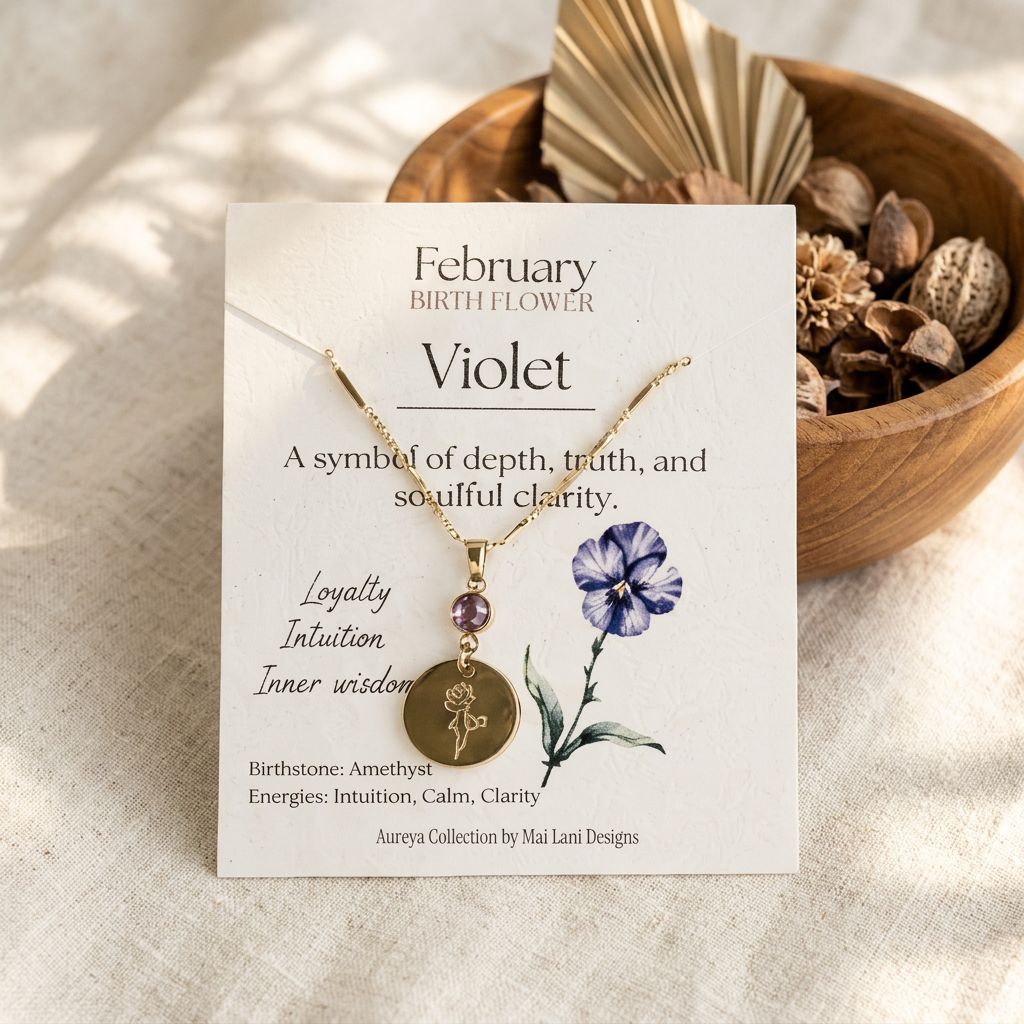 February Birth Flower Necklace | Violet & Amethyst Birthstone Necklace | Gold Floral Charm Pendant