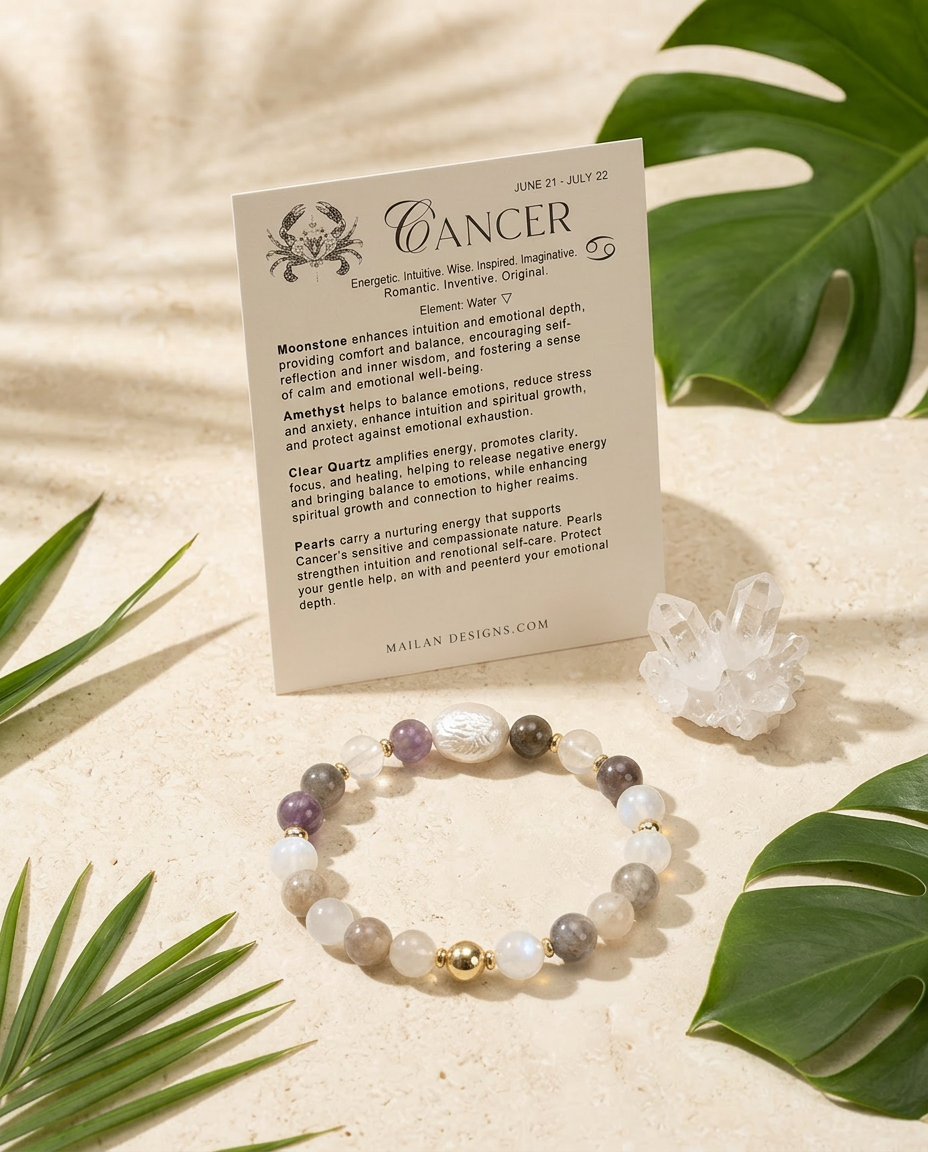 Cancer Zodiac Bracelet | Moonstone, Amethyst, Citrine & Pearl Gemstone Bracelet