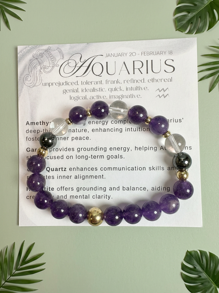 Aquarius Zodiac Bracelet | Amethyst, Quartz & Hematite Gemstone Bracelet