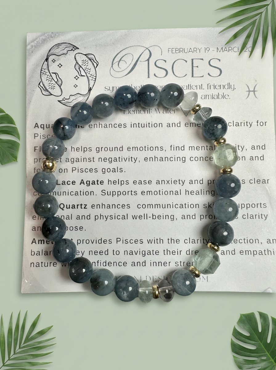 Pisces Zodiac Bracelet | Aquamarine, Fluorite, Blue Lace Agate & Amethyst Gemstone Bracelet