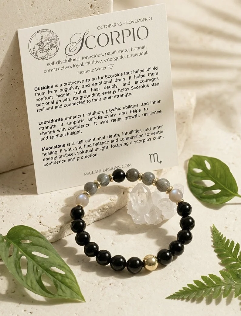 Scorpio Zodiac Bracelet | Obsidian, Labradorite, Moonstone & Pyrite Gemstone BraceletFor the seeker, the protector, and the soul unafraid of transformation. Inspired by Scorpio's depth and resilience,
