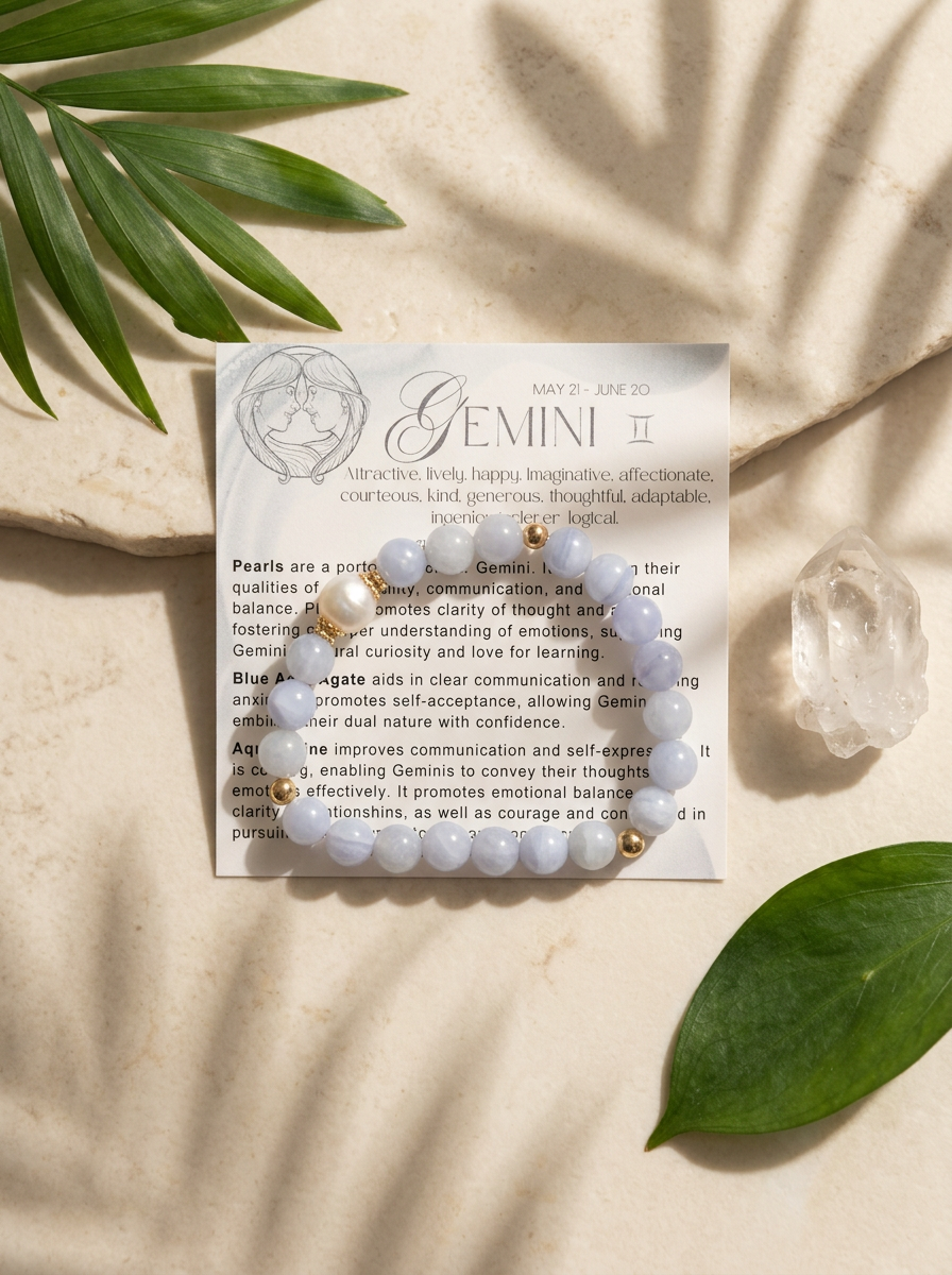 Gemini Zodiac Bracelet | Pearl, Blue Lace Agate & Aquamarine Gemstone Bracelet