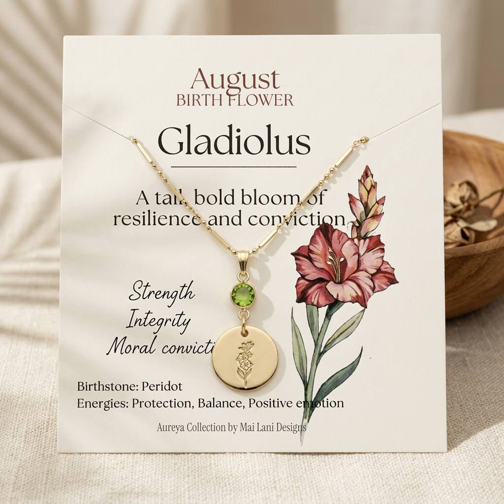 August Birth Flower Necklace | Gladiolus & Peridot Birthstone Necklace