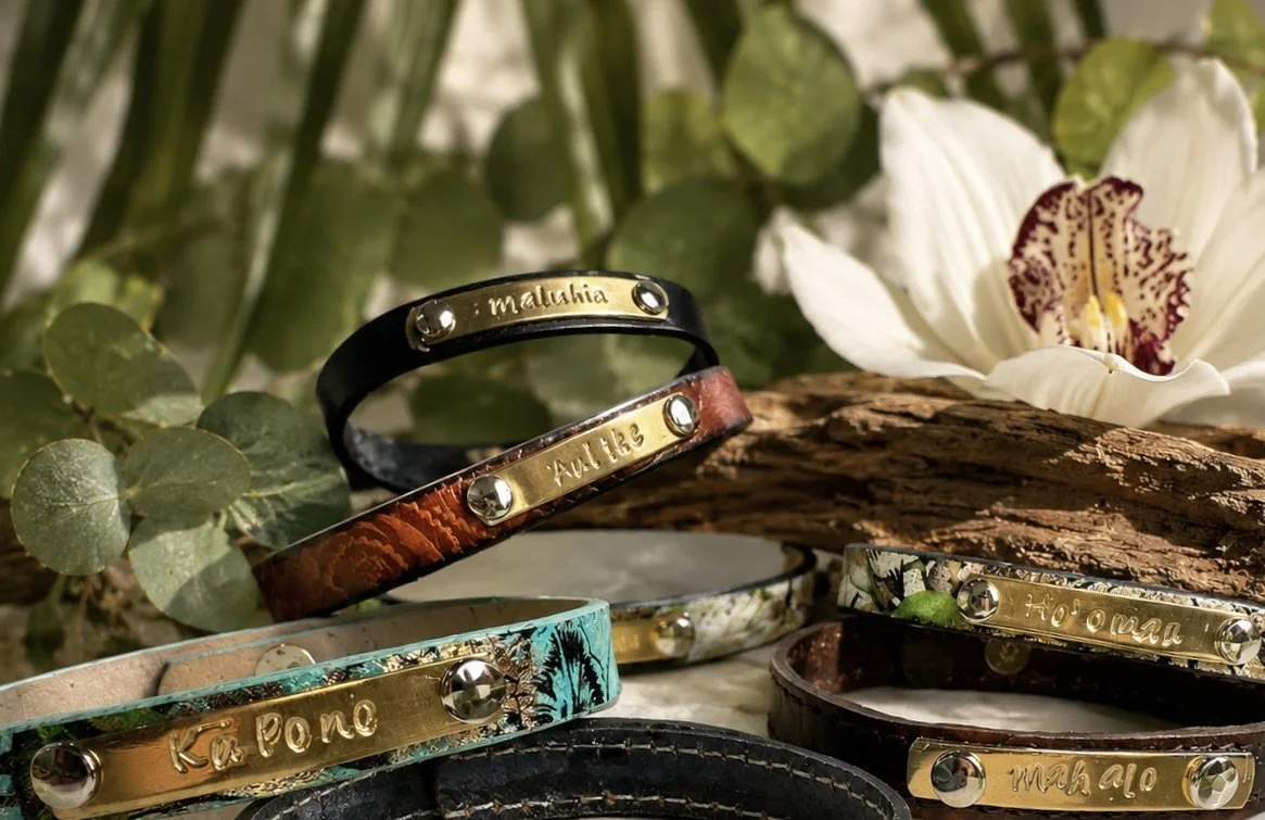 Ho`owaiwai Collection | Hand-Stamped Leather Bracelets, Hawaiian Word Gift, Minimalist Affirmation