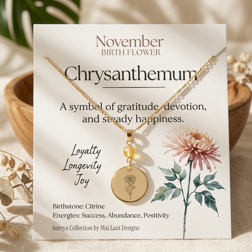 November Birth Flower Necklace | Chrysanthemum & Citrine Birthstone Necklace