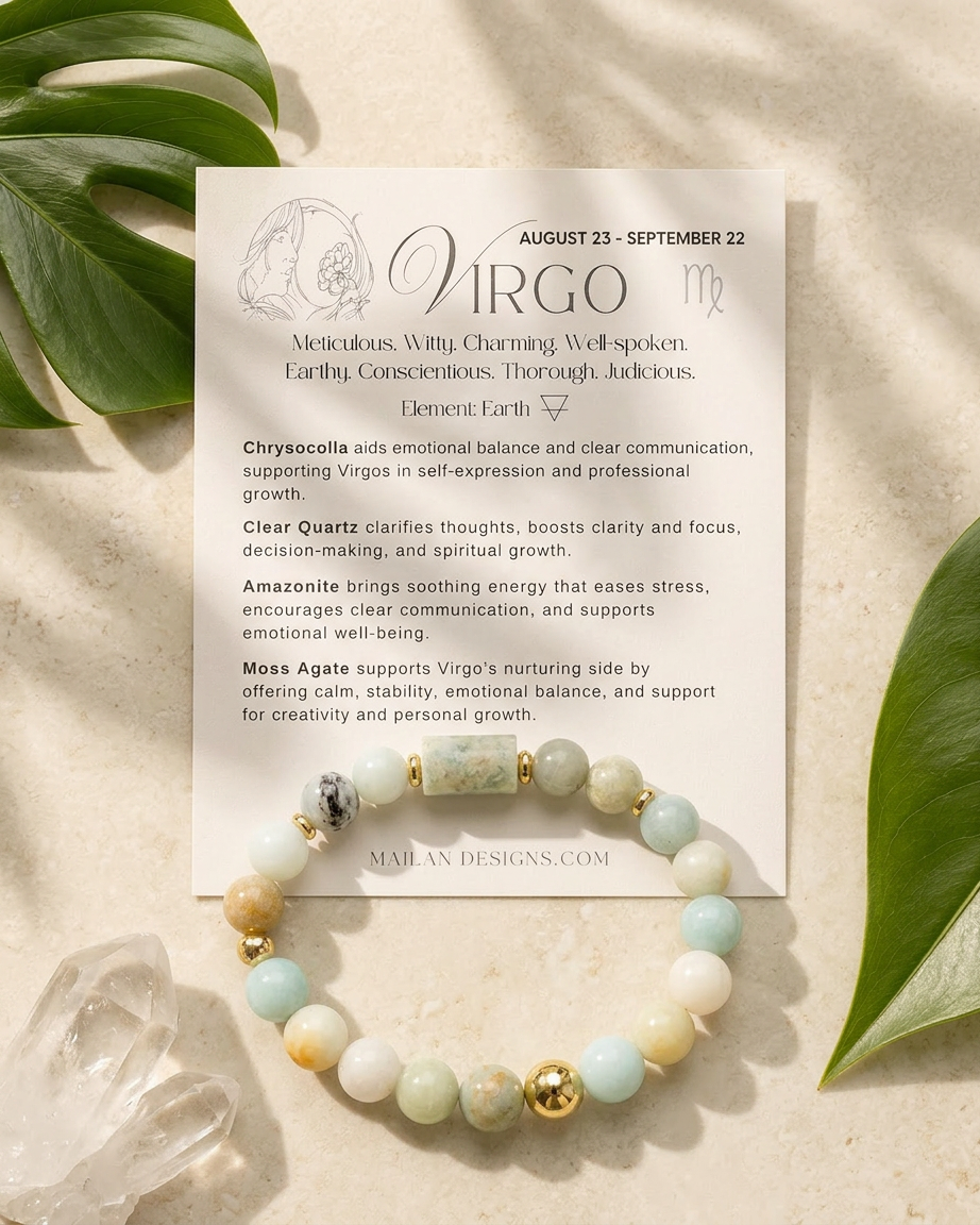 Virgo Zodiac Bracelet | Chrysocolla, Amazonite, Moss Agate & Clear Quartz Gemstone Bracelet
