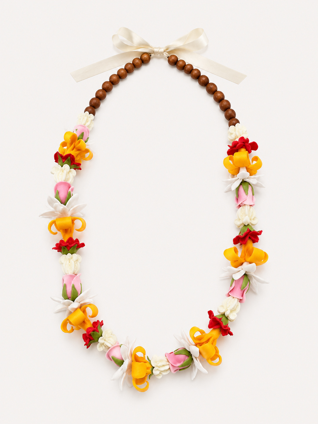 Handmade Hawaiian Flower Lei Necklace – Pikake, Puakenikeni, Pakalana & Crown Flower | Natural Wood Bead Lei | Lasting Island Keepsake