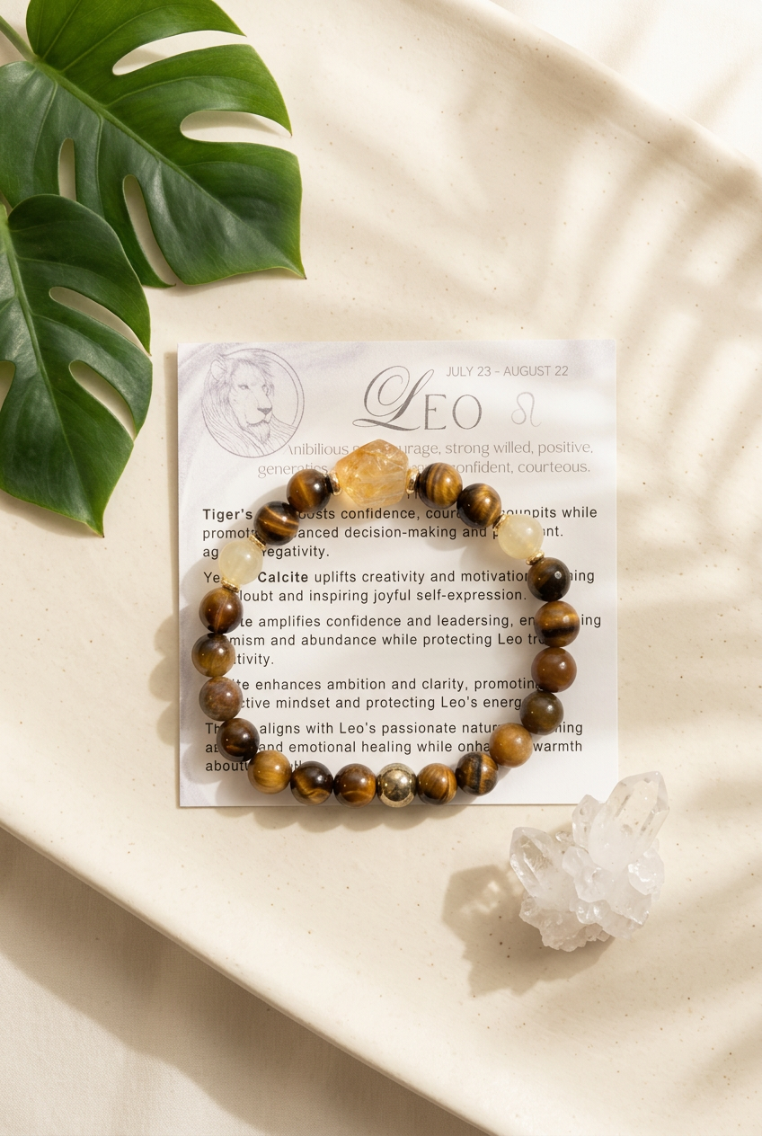 Leo Zodiac Bracelet | Tiger's Eye, Citrine, Yellow Calcite, Amber & Pyrite Gemstone Bracelet