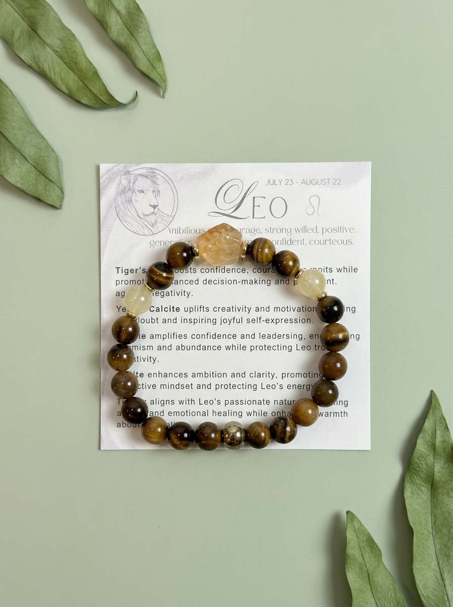 Leo Zodiac Bracelet | Tiger's Eye, Citrine, Yellow Calcite, Amber & Pyrite Gemstone Bracelet