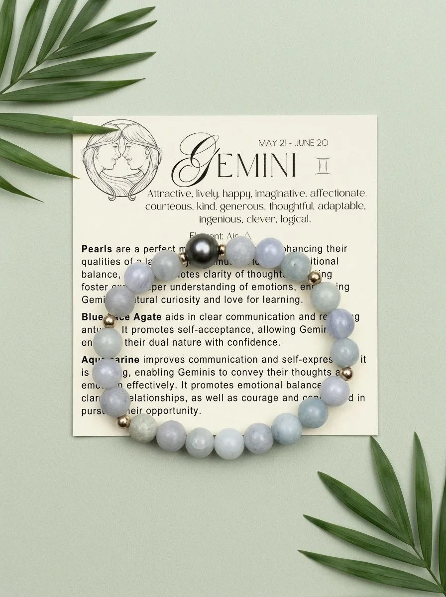 Gemini Zodiac Bracelet | Pearl, Blue Lace Agate & Aquamarine Gemstone Bracelet