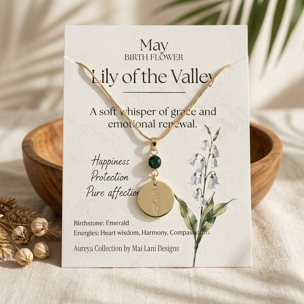 May Birth Flower Necklace | Lily of the Valley & Emerald Birthstone Necklace | Gold Floral Charm Pendant