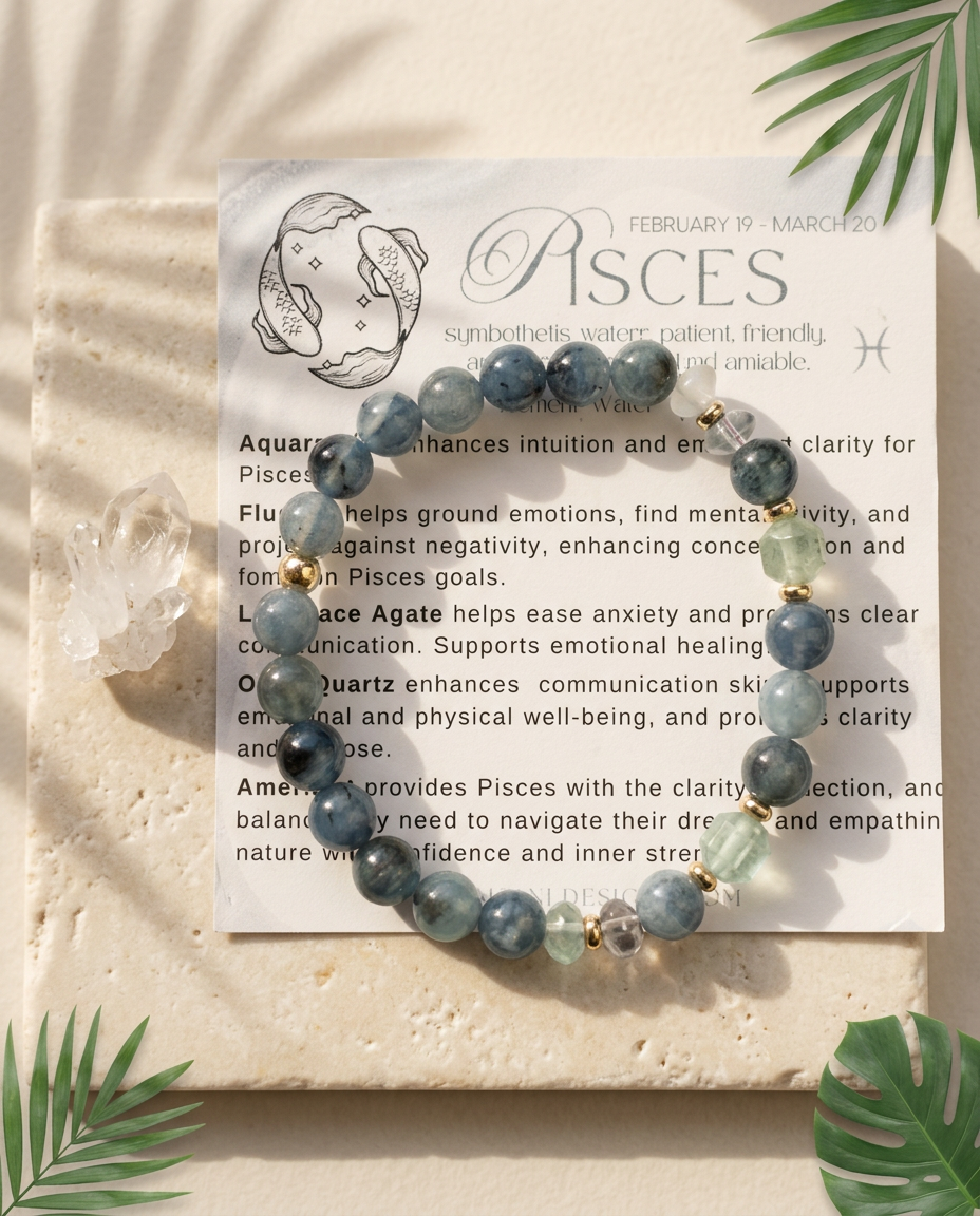 Pisces Zodiac Bracelet | Aquamarine, Fluorite, Blue Lace Agate & Amethyst Gemstone Bracelet