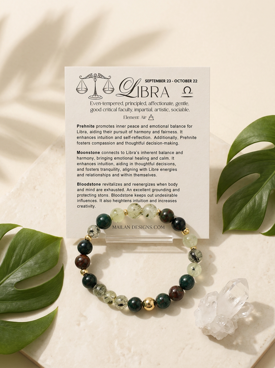Libra Zodiac Bracelet | Prehnite, Moonstone & Bloodstone Gemstone Bracelet