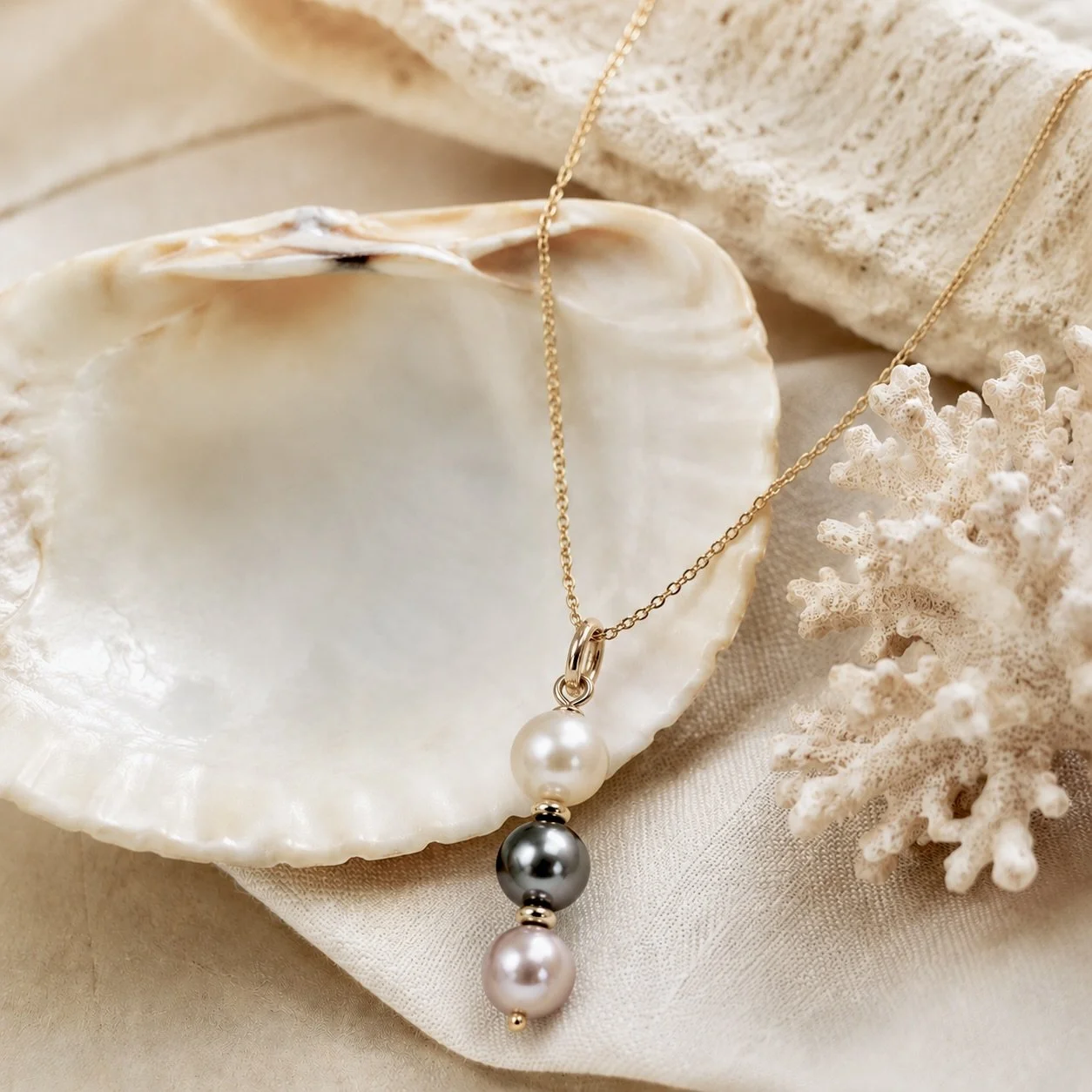 VAITEA Necklace | Tri-Color Tahitian & Freshwater Pearl Pendant Necklace | Gold-Filled Chain | Modern Pearl Jewelry