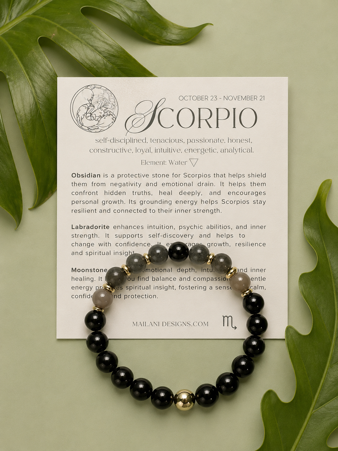 Scorpio Zodiac Bracelet | Obsidian, Labradorite, Moonstone & Pyrite Gemstone BraceletFor the seeker, the protector, and the soul unafraid of transformation. Inspired by Scorpio's depth and resilience,