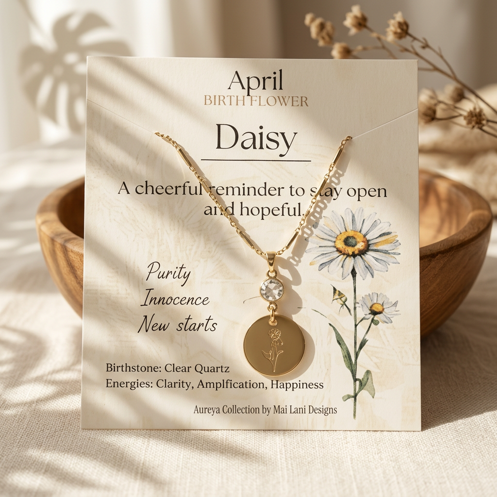 April Birth Flower Necklace | Daisy & Clear Quartz Birthstone Necklace | Gold Floral Charm Pendant