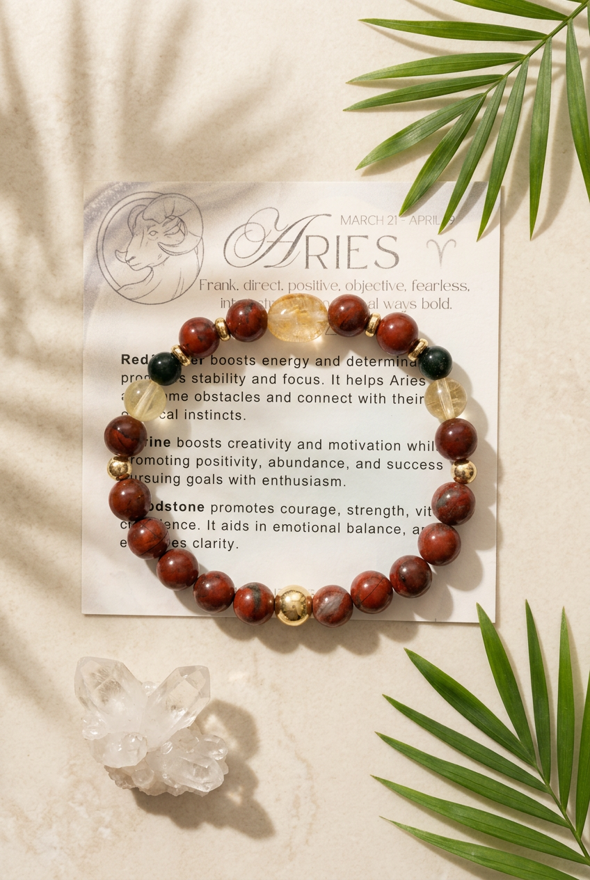 Aries Zodiac Bracelet | Red Jasper, Citrine, Green Aventurine & Clear Quartz Gemstone Bracelet