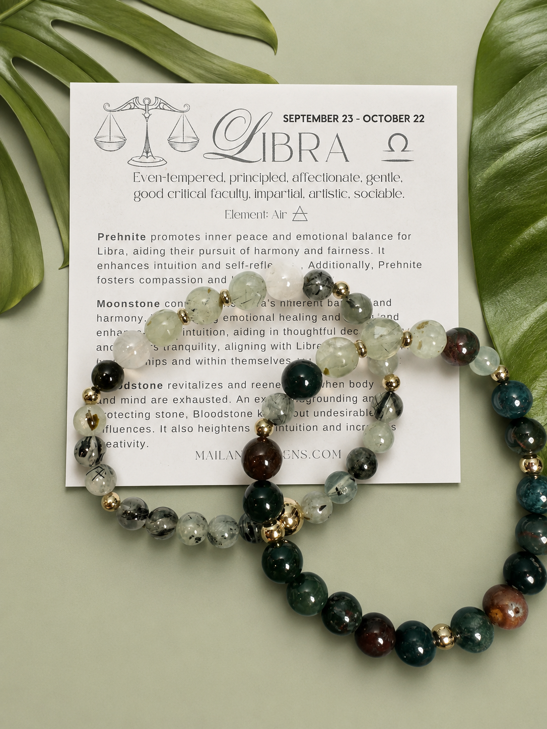 Libra Zodiac Bracelet | Prehnite, Moonstone & Bloodstone Gemstone Bracelet