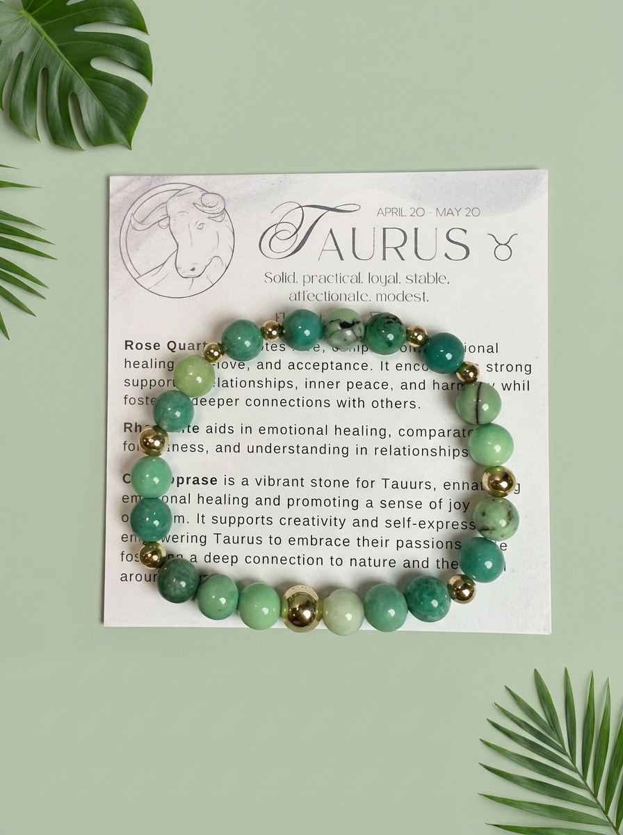 Taurus Zodiac Bracelet | Rainforest Jasper, Variscite, Sandalwood & Selenite Gemstone Bracelet