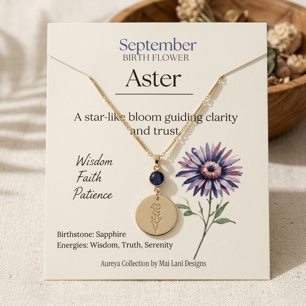 September Birth Flower Necklace | Aster & Sapphire Birthstone Necklace