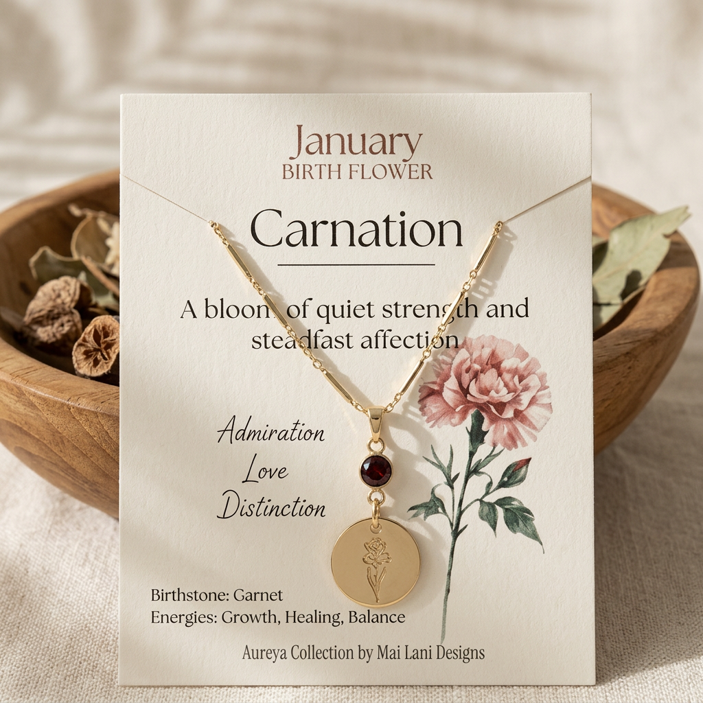 January Birth Flower Necklace | Carnation & Garnet Birthstone Necklace | Gold Floral Charm Pendant